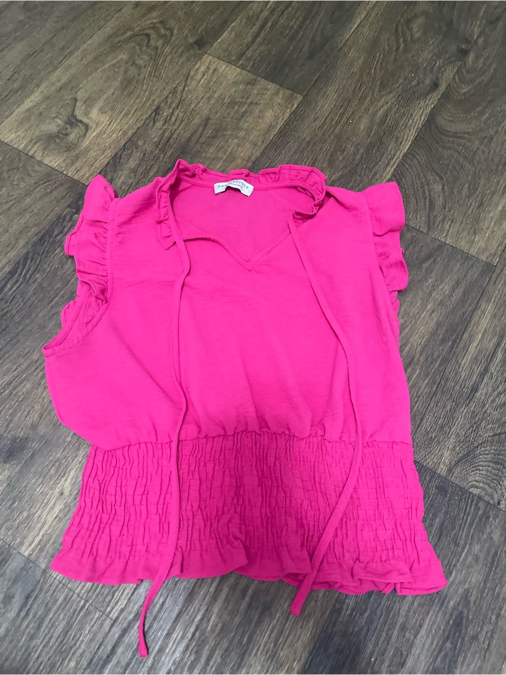 Paper Crane Hot Pink Smocked Waist Ruffle Neck Tie Blouse Medium